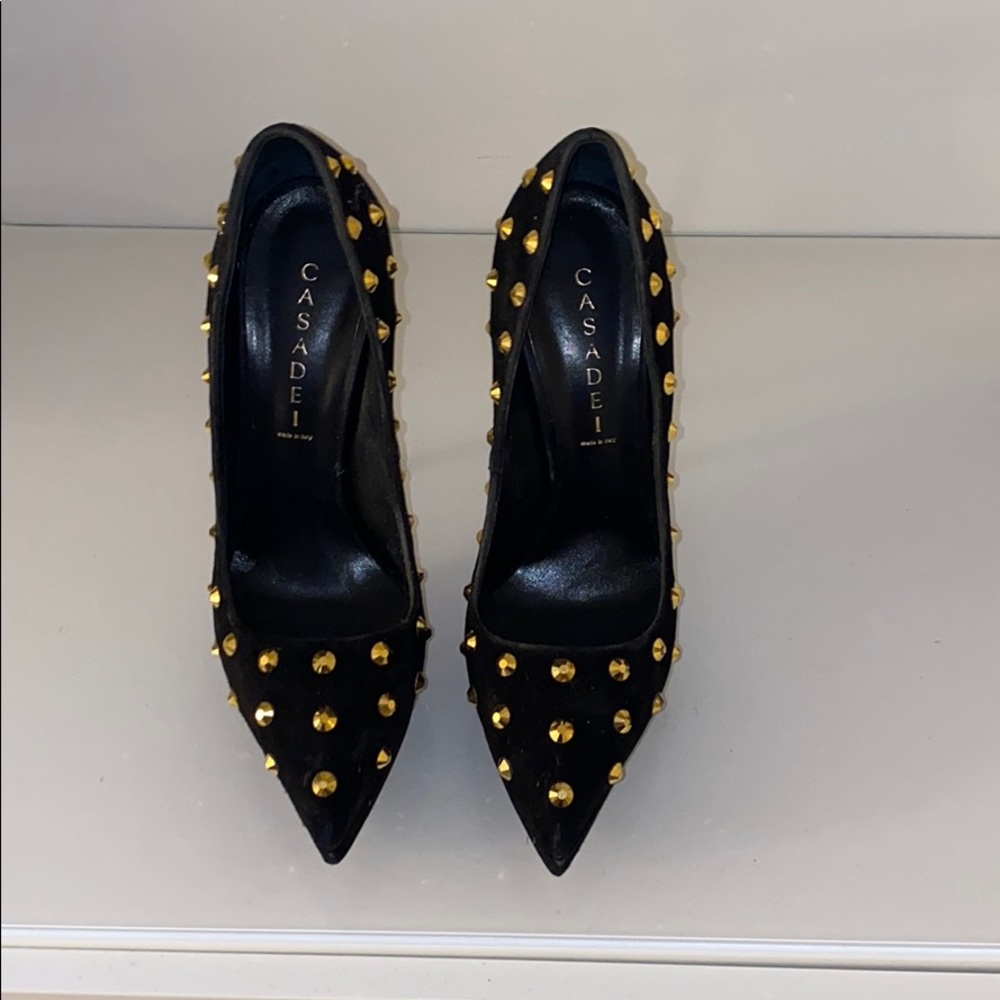 Casadei Gold Studded Suede Pumps. Size 10
